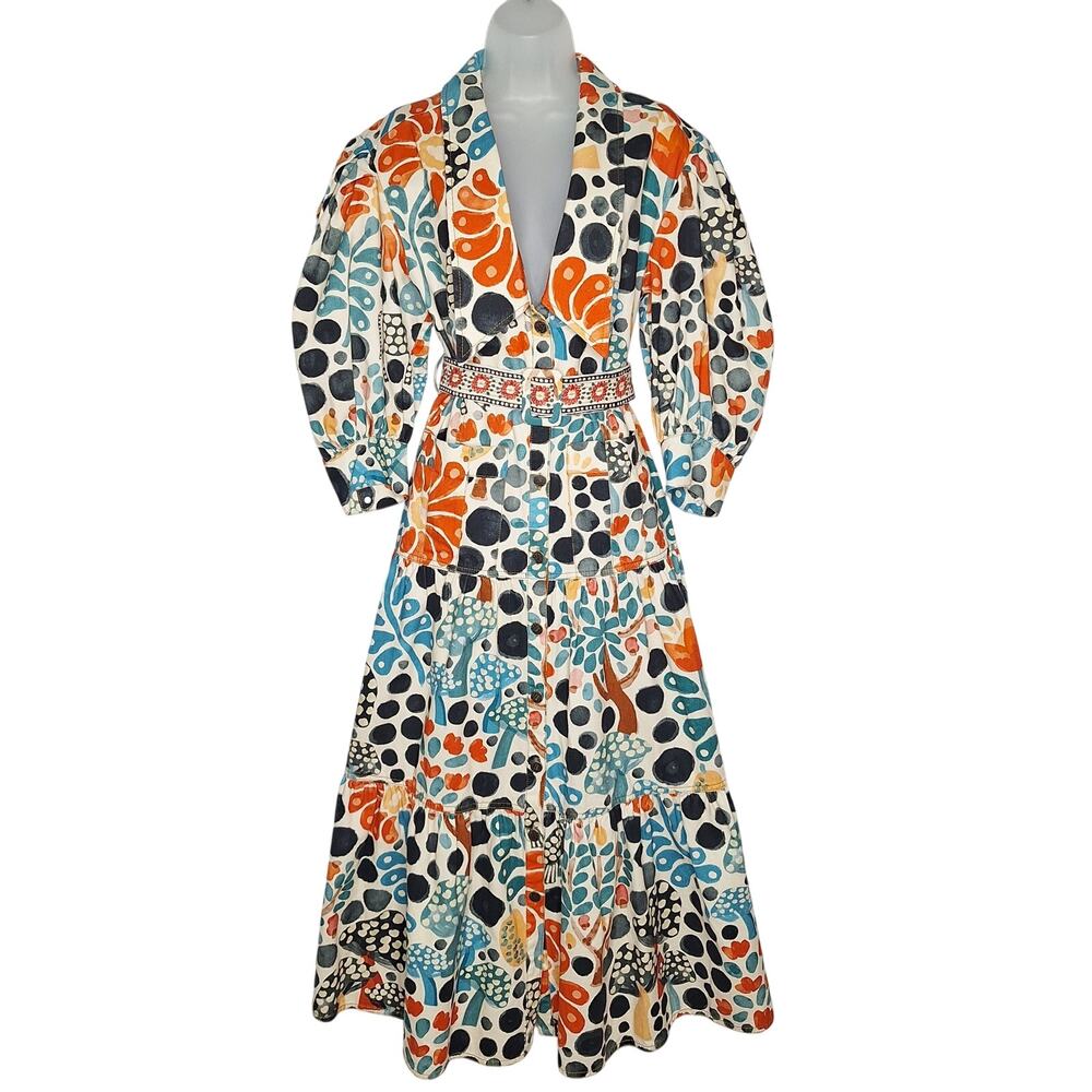 Farm Rio Mushroom Forest Canvas Dress Small Whimsy Floral Colorful Puff Sleeve - Picture 2 of 14